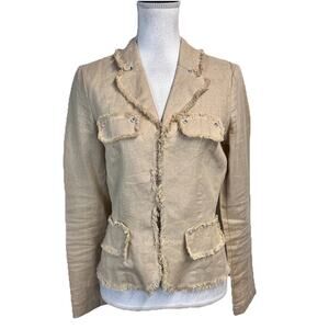 ABS Allen Schwartz Blazer Jacket size Small Gold Sparkle Linen Studs Fringe Boho